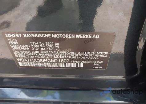 2017 BMW 750I из США, поврежденный, VIN WBA7F0C30HGM21607